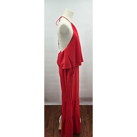 Luxe Geranium Textured Draped Keyhole Halter Jumpsuit - Picture 2 of 5